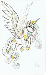 Size: 3660x5058 | Tagged: source needed, safe, artist:viwrastupr, princess celestia, alicorn, pony, g4, female, flying, mare, simple background, solo, spread wings, traditional art, white background, wings