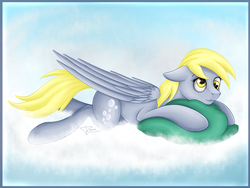 Size: 1600x1200 | Tagged: safe, artist:puggie, derpy hooves, pegasus, pony, g4, cloud, cross-eyed, female, mare, pillow, snuggling, solo, wings