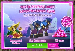 Size: 2048x1386 | Tagged: safe, gameloft, bon bon, descent, nightshade, sweetie drops, pegasus, pony, g4, advertisement, costs real money, crack is cheaper, female, game, game screencap, male, mare, shadowbolts, shadowbolts emblem, shadowbolts uniform, stallion