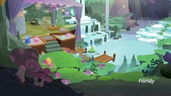 Size: 1280x720 | Tagged: safe, screencap, g4, the maud couple, cave, discovery family logo, maud's cave, mushroom, pier, scenery, waterfall