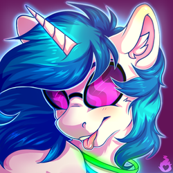 Size: 600x600 | Tagged: safe, artist:serenity, dj pon-3, vinyl scratch, pony, unicorn, g4, :p, accessory, background pony, female, glowing horn, horn, mare, silly, simple background, solo, sunglasses, tongue out