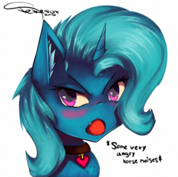 Size: 1500x1485 | Tagged: safe, artist:ferasor, trixie, pony, unicorn, g4, blushing, bust, collar, descriptive noise, female, horse noises, looking at you, mare, simple background, solo, text, white background