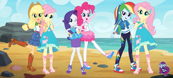 Size: 2304x1053 | Tagged: safe, applejack, fluttershy, pinkie pie, rainbow dash, rarity, equestria girls, fashion photo booth, g4, my little pony equestria girls: better together, beach, converse, duality, self paradox, shoes