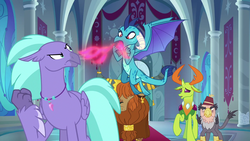 Size: 1280x720 | Tagged: safe, screencap, grampa gruff, prince rutherford, princess ember, seaspray, thorax, changedling, changeling, dragon, griffon, hippogriff, yak, g4, school daze, angry, bickering, blind eye, canterlot castle, changeling king, dragonfire, ear piercing, earring, eye scar, fez, fire, fire breath, fist, flying, hat, horn, horn ring, jewelry, king thorax, necklace, piercing, pink fire, raised claw, raised hoof, scar