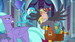 Size: 1280x720 | Tagged: safe, screencap, grampa gruff, prince rutherford, princess ember, seaspray, dragon, griffon, hippogriff, yak, g4, school daze, angry, argument, bickering, blind eye, canterlot castle, ear piercing, earring, eye scar, faceoff, fez, flying, hat, horn, horn ring, jewelry, necklace, piercing, raised claw, scar, spread wings, wings