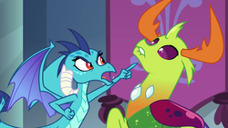 Size: 1280x720 | Tagged: safe, screencap, princess ember, thorax, changedling, changeling, dragon, g4, school daze, accusation, changeling king, duo, king thorax, lip bite, pointing, scared, suspect, threatening