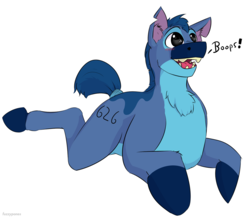 Size: 1250x1088 | Tagged: safe, artist:fuzzypones, pony, blushing, chest fluff, colored, crossover, dialogue, lilo and stitch, male, ponified, prone, simple background, solo, stitch, text, white background