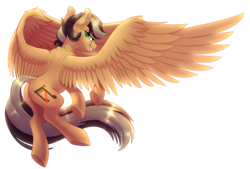 Size: 2850x1922 | Tagged: safe, artist:aegann, oc, oc only, oc:artsong, pegasus, pony, ear piercing, earring, female, flying, jewelry, large wings, looking at you, looking back, looking back at you, mare, piercing, simple background, smiling, solo, spread wings, transparent background, underhoof, wings