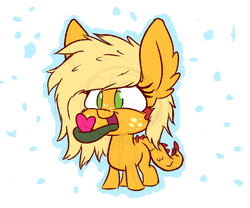 Size: 1200x1000 | Tagged: safe, artist:heir-of-rick, applejack, monster pony, original species, pony, tatzlpony, g4, chibi, cute, ear fluff, female, heart, impossibly large ears, jackabetes, long tongue, messy mane, prehensile tongue, simple background, smiling, solo, species swap, tatzljack, tongue hold, tongue out