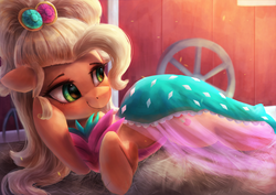 Size: 3600x2550 | Tagged: safe, artist:vanillaghosties, applejack, earth pony, pony, g4, simple ways, applejewel, clothes, digital art, dress, female, high res, looking back, mare, prone, smiling, solo