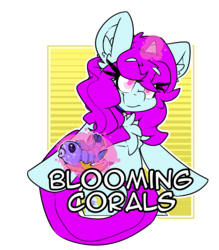 Size: 2100x2400 | Tagged: safe, artist:bbsartboutique, oc, oc only, oc:blooming corals, fish, pony, unicorn, badge, bipedal, blind, con badge, high res, magic, simple background, smiling, solo, transparent background
