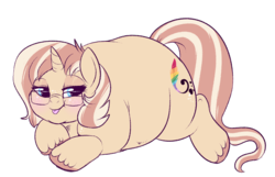 Size: 1167x750 | Tagged: safe, artist:lulubell, oc, oc only, oc:lulubell, pony, unicorn, bingo wings, blushing, chubby cheeks, double chin, fat, female, freckles, glasses, mare, mlem, obese, silly, simple background, tongue out, transparent background