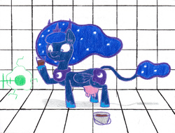 Size: 2264x1718 | Tagged: safe, artist:eternaljonathan, part of a set, princess luna, cow, cow pony, original species, g4, chocolate, chocolate milk, cowified, food, milk, princess moona, science fiction, species swap, story included, traditional art, transformation, udder