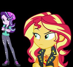 Size: 600x549 | Tagged: safe, starlight glimmer, sunset shimmer, equestria girls, g4, black background, op is a duck, op is trying to start shit, out of character, rivalry, simple background, smiling, smirk