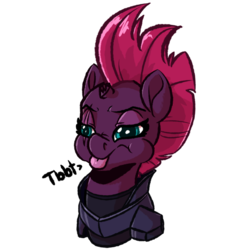 Size: 894x894 | Tagged: safe, artist:witchtaunter, tempest shadow, pony, unicorn, g4, my little pony: the movie, broken horn, descriptive noise, eye scar, female, horn, mare, puffy cheeks, raspberry, raspberry noise, scar, simple background, solo, text, tongue out, transparent background, wavy mouth
