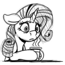 Size: 894x894 | Tagged: safe, artist:witchtaunter, rarity, pony, unicorn, g4, :/, blank stare, coffee cup, cup, female, floppy ears, holding, mare, monochrome, simple background, sitting, sketch, solo, thoughtful, white background