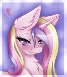 Size: 2894x3325 | Tagged: safe, artist:nuumia, princess cadance, alicorn, pony, g4, bedroom eyes, blushing, bust, chest fluff, ear fluff, female, heart, high res, looking at you, mare, portrait, solo