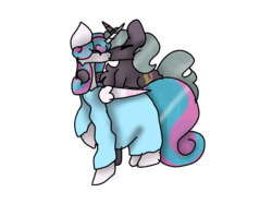 Size: 1200x899 | Tagged: safe, artist:redvelvet-isanoodle, princess flurry heart, oc, oc:shimmering glow, alicorn, pony, unicorn, g4, adult, canon x oc, clothes, couple, dress, female, husband and wife, hyper, hyper pregnancy, kissing, male, married couple, multiple pregnancy, offspring, offspring shipping, older, parent:king sombra, parent:radiant hope, parents:hopebra, pregnant, shipping, simple background, straight, transparent background