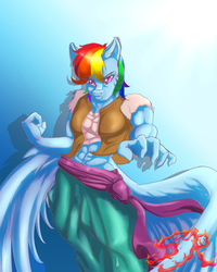 Size: 2400x3000 | Tagged: safe, artist:swiftriff, rainbow dash, pegasus, anthro, g4, abs, clothes, female, gradient background, high res, mare, multicolored hair, solo