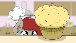 Size: 1920x1080 | Tagged: safe, artist:php142, oc, oc only, oc:ponepony, pony, accessory, blurry background, chef's hat, cooking, cute, eyes on the prize, female, food, hat, heart eyes, kitchen, muffin, peeking, solo, wingding eyes