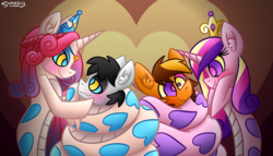 Size: 1246x714 | Tagged: safe, artist:snakeythingy, princess amore, princess cadance, oc, oc:mercfox, oc:nightwish, lamia, original species, snake pony, g4, birthday, blushing, canon x oc, coils, gift art, gradient background, hypnosis, lamiafied, looking at each other, species swap, story included