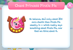 Size: 760x520 | Tagged: safe, gameloft, idw, pinkie pie, alicorn, pony, g4, spoiler:comic57, 20%, alicornified, female, game screencap, idw showified, introduction card, pinkiecorn, princess of chaos, race swap, solo, text, xk-class end-of-the-world scenario