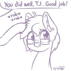 Size: 1024x1024 | Tagged: safe, artist:dsp2003, oc, oc only, oc:tjpones, earth pony, pony, blushing, bust, colt, comic, cute, ear fluff, ear piercing, earring, glasses, head pat, jewelry, male, monochrome, ocbetes, offscreen character, pat, piercing, scrunchy face, signature, simple background, single panel, sketch, stallion, white background