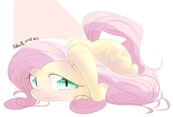 Size: 1456x983 | Tagged: safe, artist:tohupo, fluttershy, pegasus, pony, abstract background, ass up, cute, female, hoof on head, looking at you, mare, shyabetes, simple background, slit pupils, solo, white background