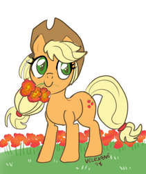 Size: 476x564 | Tagged: safe, artist:velexane, applejack, earth pony, pony, g4, 30 minute art challenge, cute, female, flower, mare, mouth hold, solo