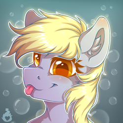 Size: 600x600 | Tagged: safe, artist:serenity, derpy hooves, pegasus, pony, g4, bubble, bust, colored pupils, cute, derpabetes, ear fluff, female, looking at you, mare, portrait, solo, tongue out