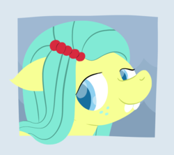 Size: 887x786 | Tagged: safe, artist:phat_guy, derpibooru exclusive, ocellus, changeling, earth pony, pony, g4, school daze, bucktooth, bust, disguise, disguised changeling, female, floppy ears, frame, freckles, lineless, pony ocellus, portrait, simple background, smiling, solo