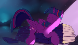Size: 4011x2350 | Tagged: safe, artist:auroriia, twilight sparkle, alicorn, pony, g4, book, book bed, cute, female, mare, sleeping, smiling, solo, that pony sure does love books, twiabetes, twilight sparkle (alicorn)