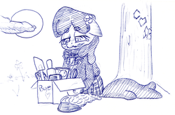 Size: 1226x807 | Tagged: safe, artist:shoeunit, cheerilee, earth pony, pony, g4, box, clothes, crying, female, mare, sad, school uniform, solo, traditional art, tree