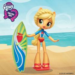 Size: 960x960 | Tagged: safe, applejack, blue crushed, equestria girls, g4, my little pony equestria girls: better together, official, clothes, doll, equestria girls logo, equestria girls minis, female, solo, surfboard, swimsuit, toy