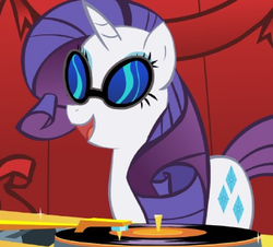 Size: 391x353 | Tagged: safe, artist:mysteryben, rarity, pony, unicorn, g4, female, mare, solo, sunglasses, turntable