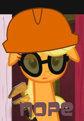 Size: 500x720 | Tagged: safe, edit, edited screencap, screencap, applejack, pony, g4, party of one, crossover, engiejack, engineer, female, floppy ears, image macro, long neck, meme, nope.avi, solo, team fortress 2