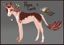 Size: 1884x1341 | Tagged: safe, artist:vlinnyy, oc, oc only, oc:rose gold, pony, unicorn, coat markings, dappled, ear fluff, ear piercing, earring, eyeshadow, female, hoof ring, horn, horn ring, jewelry, leonine tail, makeup, mare, missing cutie mark, piercing, ponysona, reference sheet, solo