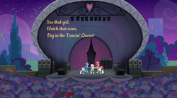 Size: 1024x569 | Tagged: safe, artist:didgereethebrony, big macintosh, fluttershy, rarity, toe-tapper, torch song, earth pony, pegasus, pony, unicorn, g4, abba, audience, crowd, curtains, dancing queen, female, male, mare, night, ponytones, ponytones outfit, singing, song reference, speaker, stage, stallion, stars, tree