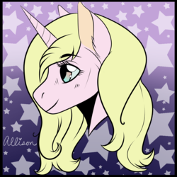 Size: 5334x5334 | Tagged: safe, artist:vlinnyy, oc, oc only, oc:citric acid, pony, unicorn, abstract background, absurd resolution, blonde, bust, female, gift art, mare, profile, smiling, solo, stars
