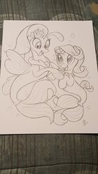 Size: 675x1200 | Tagged: safe, artist:whitediamonds, princess skystar, starlight glimmer, seapony (g4), unicorn, g4, my little pony: the movie, bubble, cute, dorsal fin, duo, female, fin, fin wings, fins, fish tail, flower, flower in hair, flowing mane, flowing tail, freckles, horn, jewelry, looking at each other, looking at someone, mare, necklace, ocean, open mouth, open smile, pearl necklace, pencil drawing, photo, seaponified, seapony starlight glimmer, seashell necklace, signature, simple background, smiling, smiling at each other, species swap, swimming, tail, traditional art, underwater, water, white background, wings