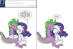 Size: 1204x800 | Tagged: safe, artist:dekomaru, rarity, spike, dragon, pony, unicorn, tumblr:ask twixie, g4, ask, blushing, comic, female, hug, male, ship:sparity, shipping, straight, tumblr