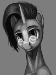 Size: 3756x5063 | Tagged: safe, artist:splatterpaint-donkey, sunburst, pony, unicorn, g4, beard, facial hair, glasses, gray background, grayscale, male, monochrome, simple background, solo, stallion