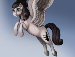 Size: 6600x5040 | Tagged: safe, artist:splatterpaint-donkey, oc, oc only, oc:triad, pegasus, pony, absurd resolution, clef, cutie mark, eyebrows, female, flying, mare, sky, solo, spread wings, wings