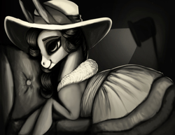 Size: 6600x5100 | Tagged: safe, artist:splatterpaint-donkey, oc, oc only, oc:splatterpaint, donkey, absurd resolution, clothes, couch, donkey oc, dress, female, grayscale, hat, jenny, lamp, light, lying down, monochrome, profile, smiling, solo