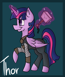 Size: 2200x2600 | Tagged: safe, artist:ponycrown, twilight sparkle, alicorn, pony, g4, clothes, cosplay, costume, female, hammer, high res, magic, mjölnir, solo, thor, thorlight sparkle, twilight sparkle (alicorn), war hammer