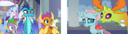 Size: 2688x720 | Tagged: safe, edit, screencap, ocellus, princess ember, silverstream, smolder, spike, thorax, changedling, changeling, dragon, pony, g4, school daze, background pony, cute, female, king thorax, male, pointing, school of friendship, smiling, waving