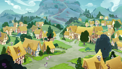 Size: 1920x1080 | Tagged: safe, screencap, alula, piña colada, pluto, tender brush, winter lotus, written script, earth pony, pegasus, pony, unicorn, g4, the maud couple, background house, female, filly, male, mare, ponyville, race swap, scenery, stallion