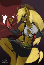 Size: 680x1000 | Tagged: safe, artist:xenstroke, applejack, earth pony, anthro, g4, breasts, clothes, cosplay, costume, crossover, fighting stance, final fantasy, final fantasy vii, tifa lockhart