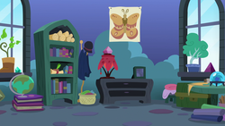 Size: 1920x1080 | Tagged: safe, screencap, butterfly, g4, the maud couple, book, bookshelf, clothes, crystal, crystal ball, globe, lamp, no pony, poster, potted plant, scroll, starlight's room