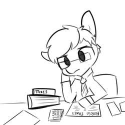 Size: 1650x1650 | Tagged: safe, artist:tjpones, oc, oc only, oc:tjpones, earth pony, pony, calculator, clothes, ear piercing, earring, glasses, grayscale, horse taxes, jewelry, male, monochrome, necktie, piercing, simple background, sitting, solo, stallion, taxes, white background